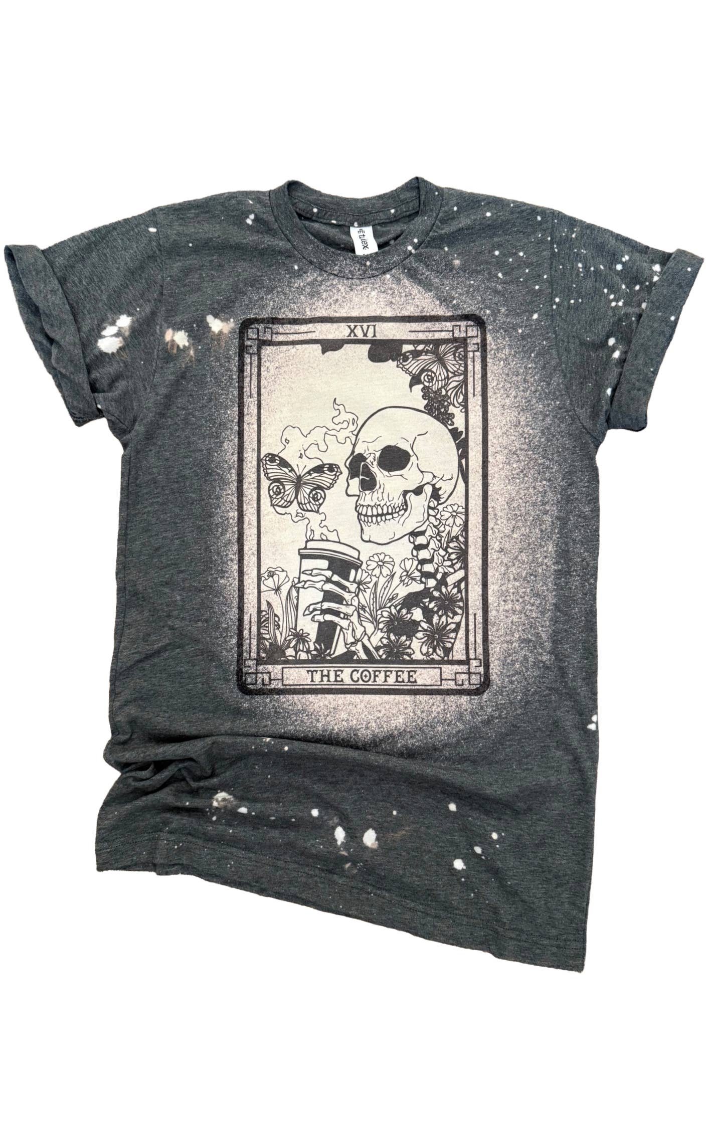 Pick Your Poison Tees LLC (Formerly Wandering Owl Designs) - Wholesale Screen Printed T-Shirt - Unisex - The Coffee - Skeleton Tarot Card Bleached Tee