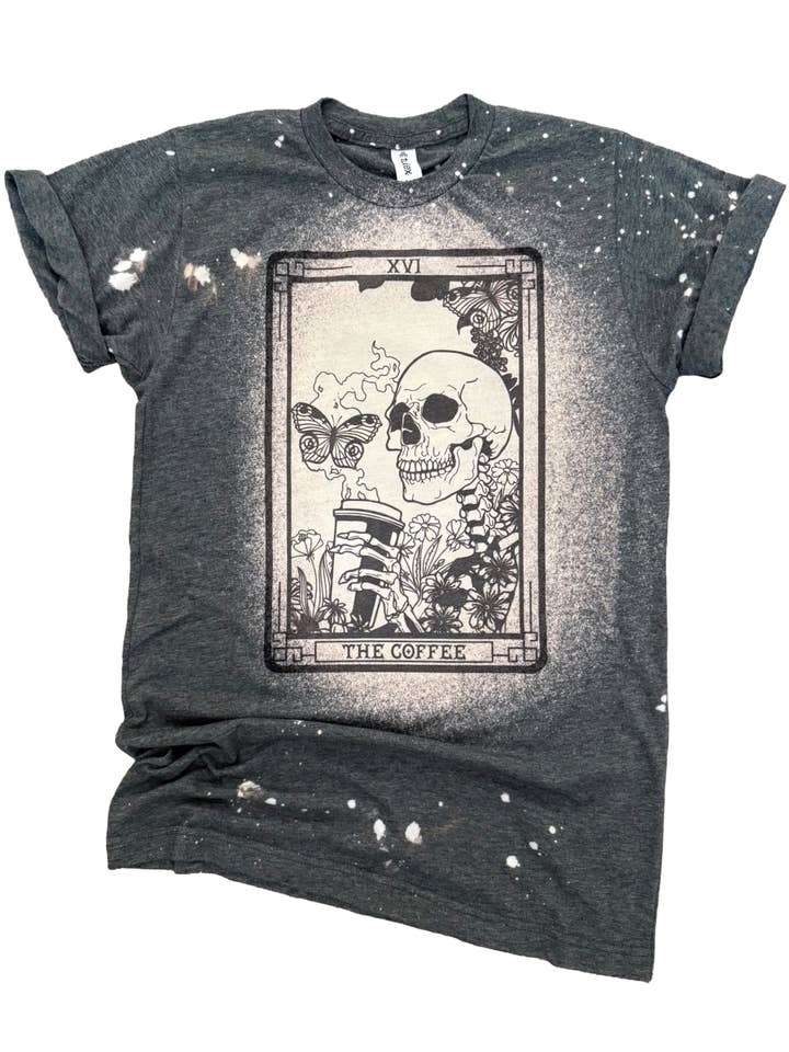 The Coffee - Skeleton Tarot Card Bleached Tee for wholesale by Pick Your Poison Tees LLC (Formerly Wandering Owl Designs)