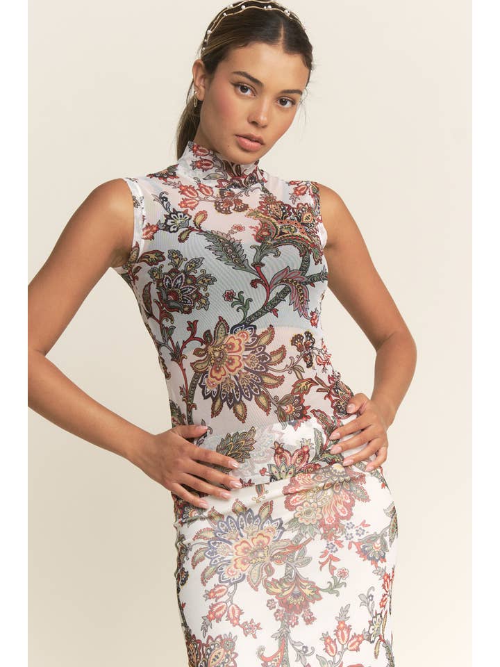 YNEZ - Wholesale Blouse - Women's - Boho Paisley Turtleneck Tank Chic Mesh Going Out Top10