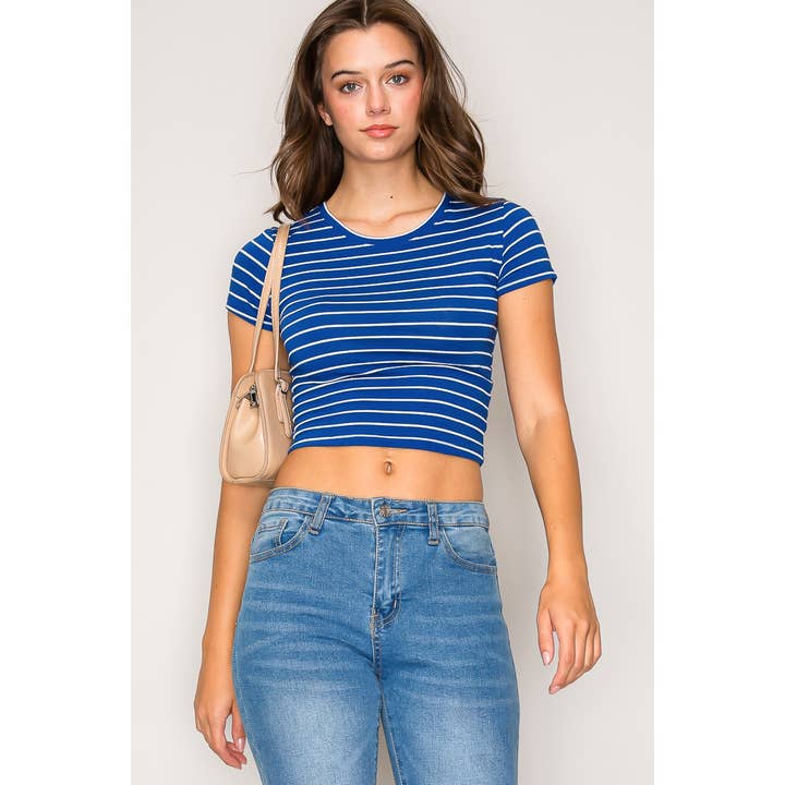 Striped Crew Neck Short Sleeve Cotton Jersey Top for wholesale by Popular 21