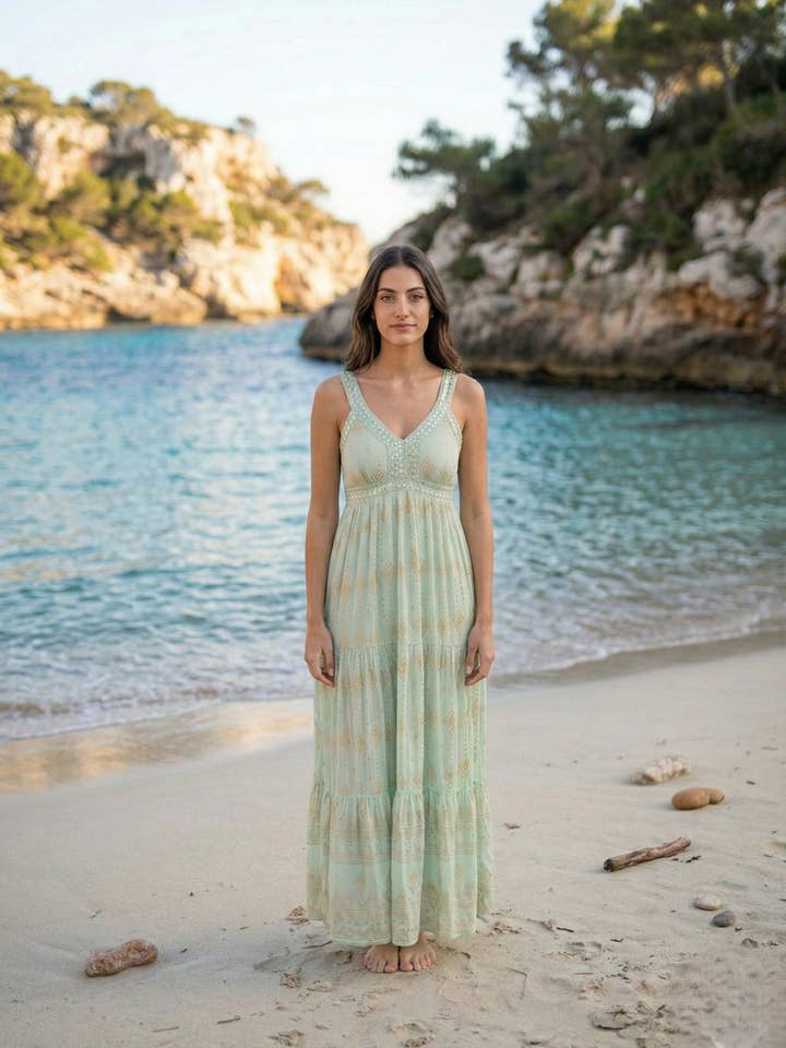 Robe Francesca peinte en vert doré pour la vente par Lula Natura