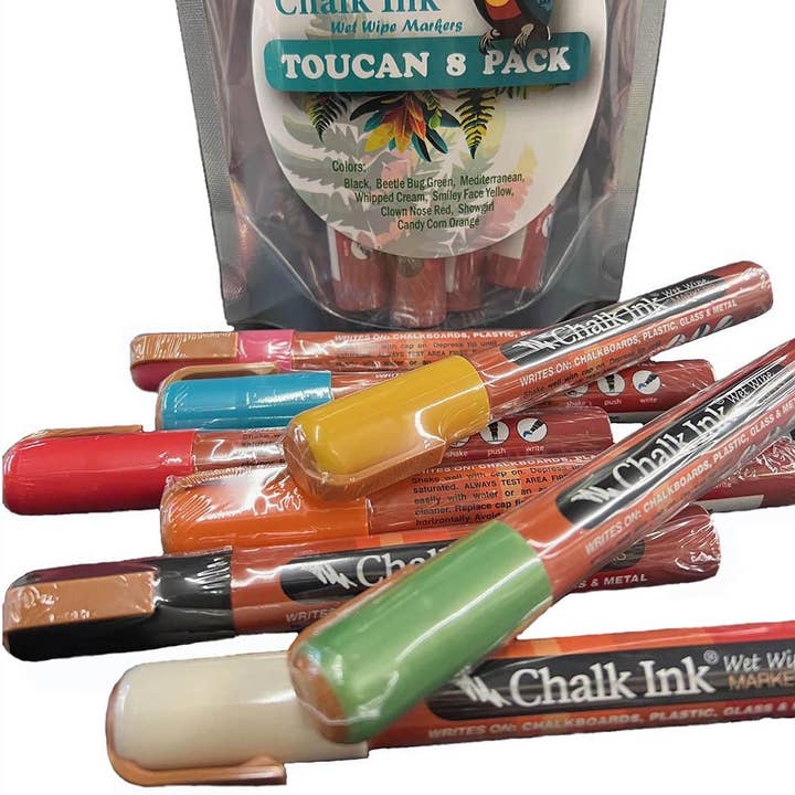 Toucan 8 Pack of 6mm Chisel Tip Wet Wipe Markers for wholesale by Chalk Ink Markers