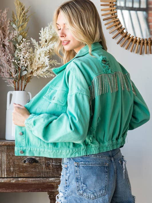 Spijkerjack met strass en franjes aan de achterkant voor wholesale door MintChoco