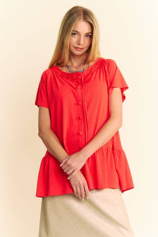 Davi & Dani - Vendita all'ingrosso Maglietta - Donna - TOP PEPLO A MANICHE CORTE CON SCOLLO IN PIZZO TINTA UNITA11