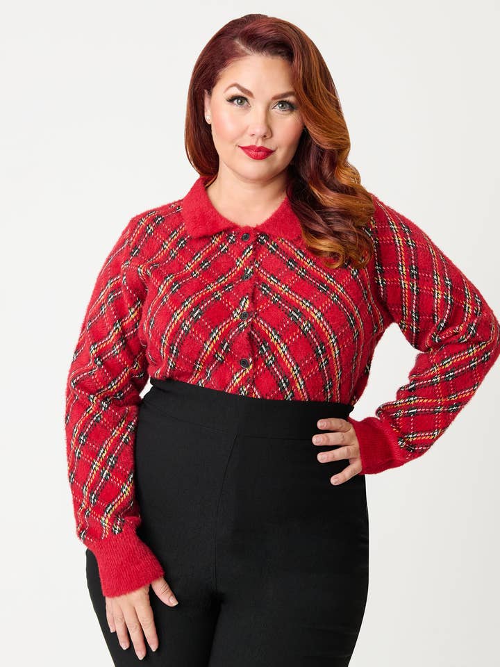 Unique Vintage Plus Size Red Plaid Long Sleeve Cardigan for wholesale by Unique Vintage