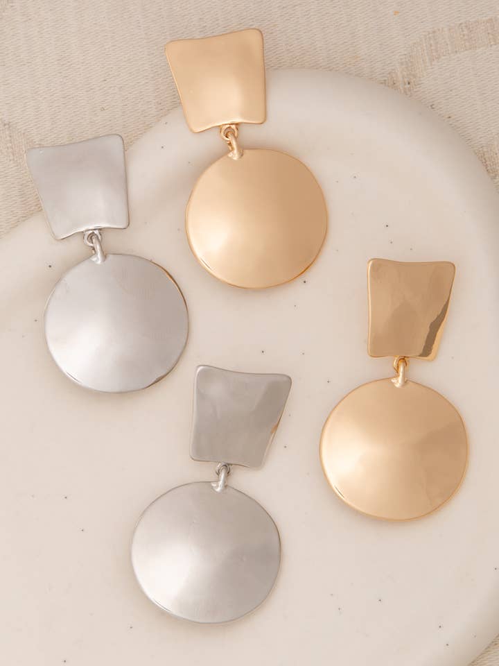 Two-Tier Polished Finish Disc Post Dangle Earrings for wholesale by SP Sophia Collection