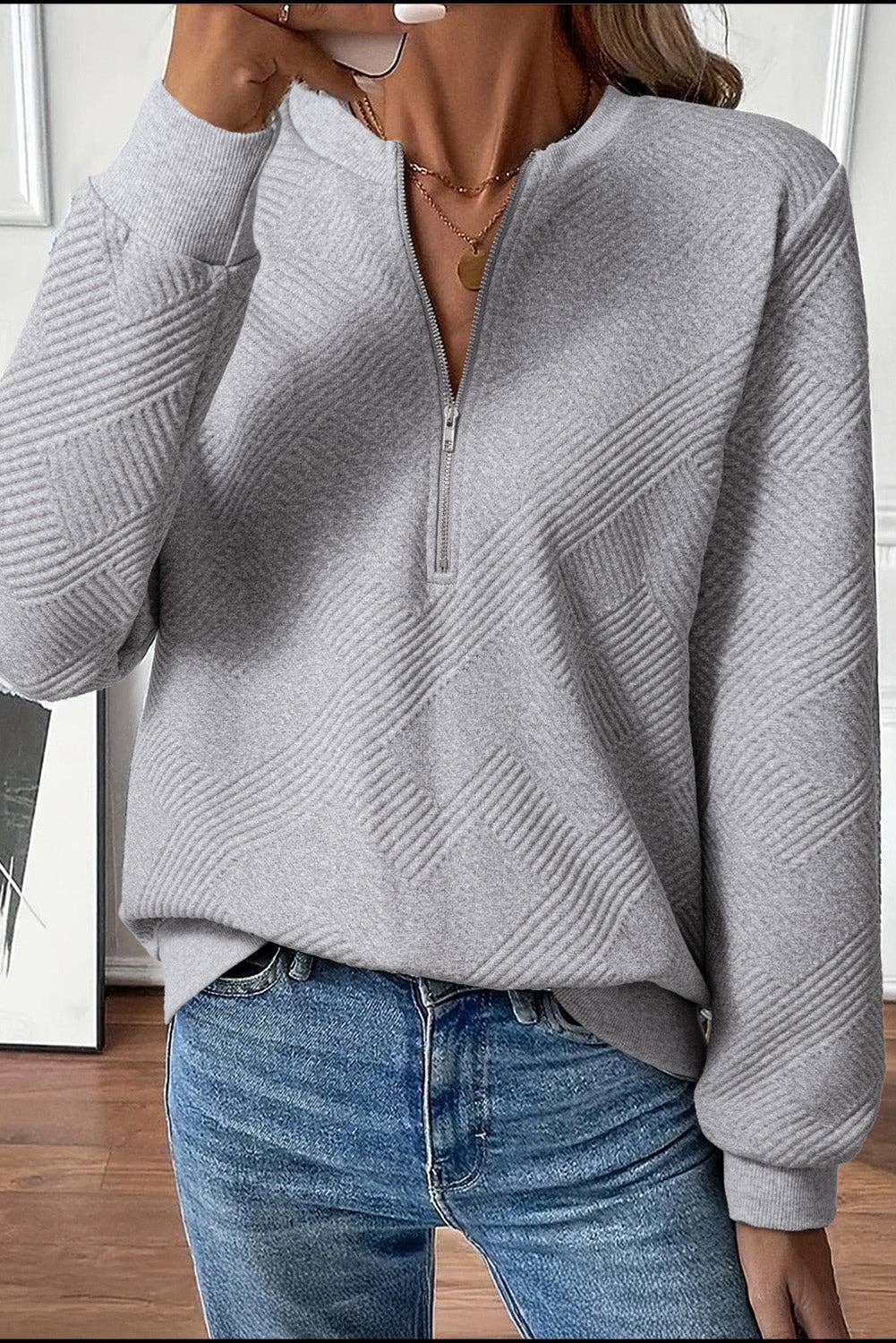 Medium Grey Trendy Textured Half Zip Loose Sweatshirt for wholesale on Faire