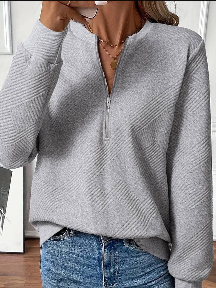 Medium Grey Trendy Textured Half Zip Loose Sweatshirt for wholesale on Faire0