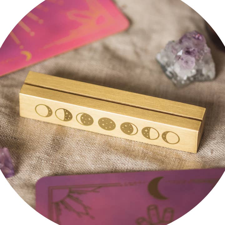 LUNAR ENGRAVED BRASS CARD STAND for wholesale by CLEOMAGICK