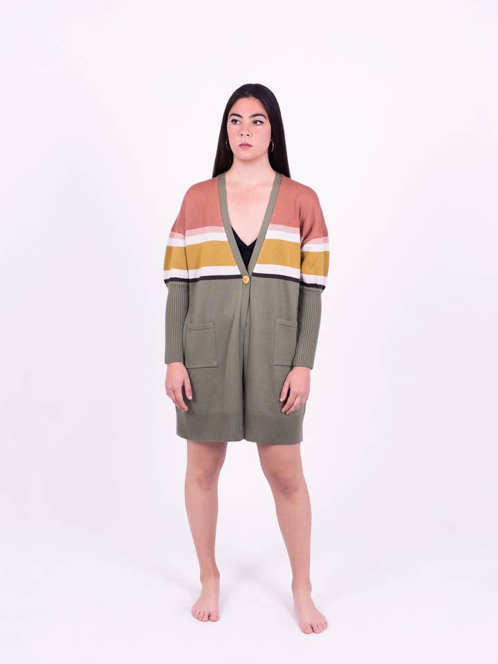 Horizon merino wool jacket green, yellow and pink for wholesale by Magical Crisálida