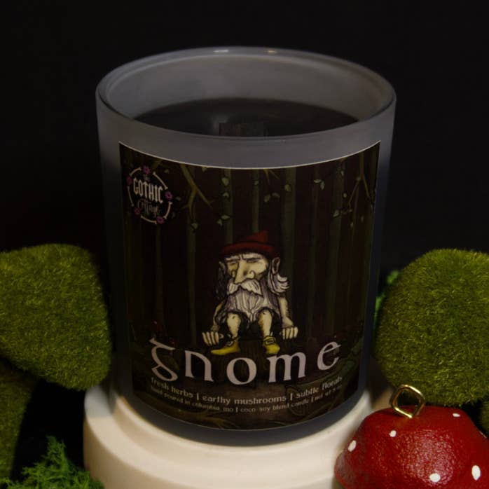 Herbs & Mushrooms—8oz black candle | Gnome for wholesale by The Gothic Cottage