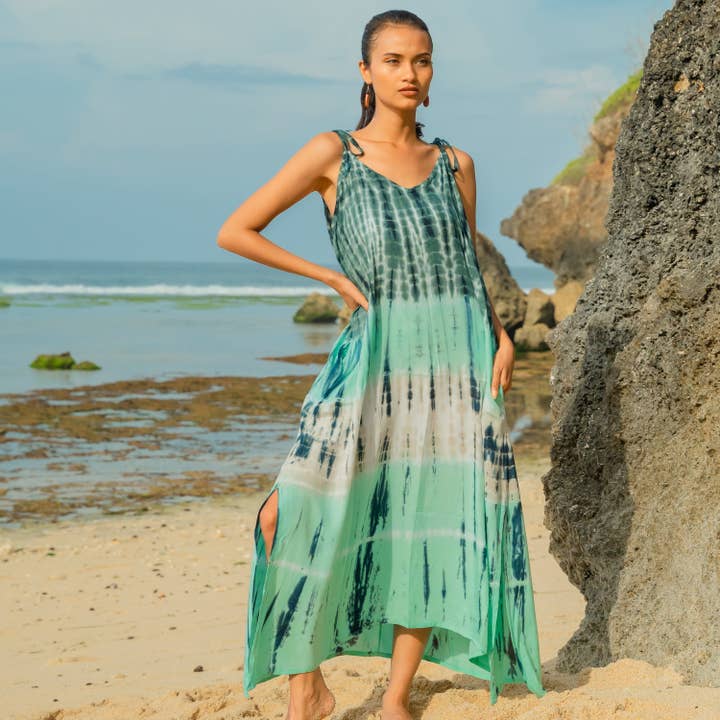 Tie Dye Stripe Dress - Turquoise & Grey for wholesale by Suzie Blue Canada