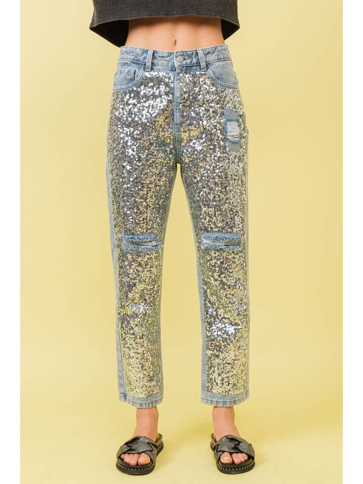 SILVER LIGHT WASH 34546P - Sequin Sprinkled Denim Jeans for wholesale on Faire