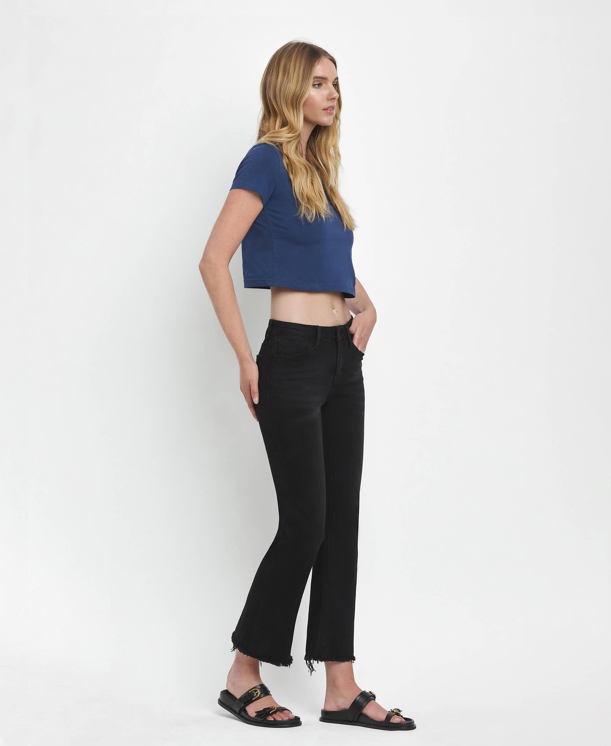 GRANDEUR MID RISE RAW DISTRESSED HEM CROP FLARE JEANS LV1145 for wholesale on Faire5