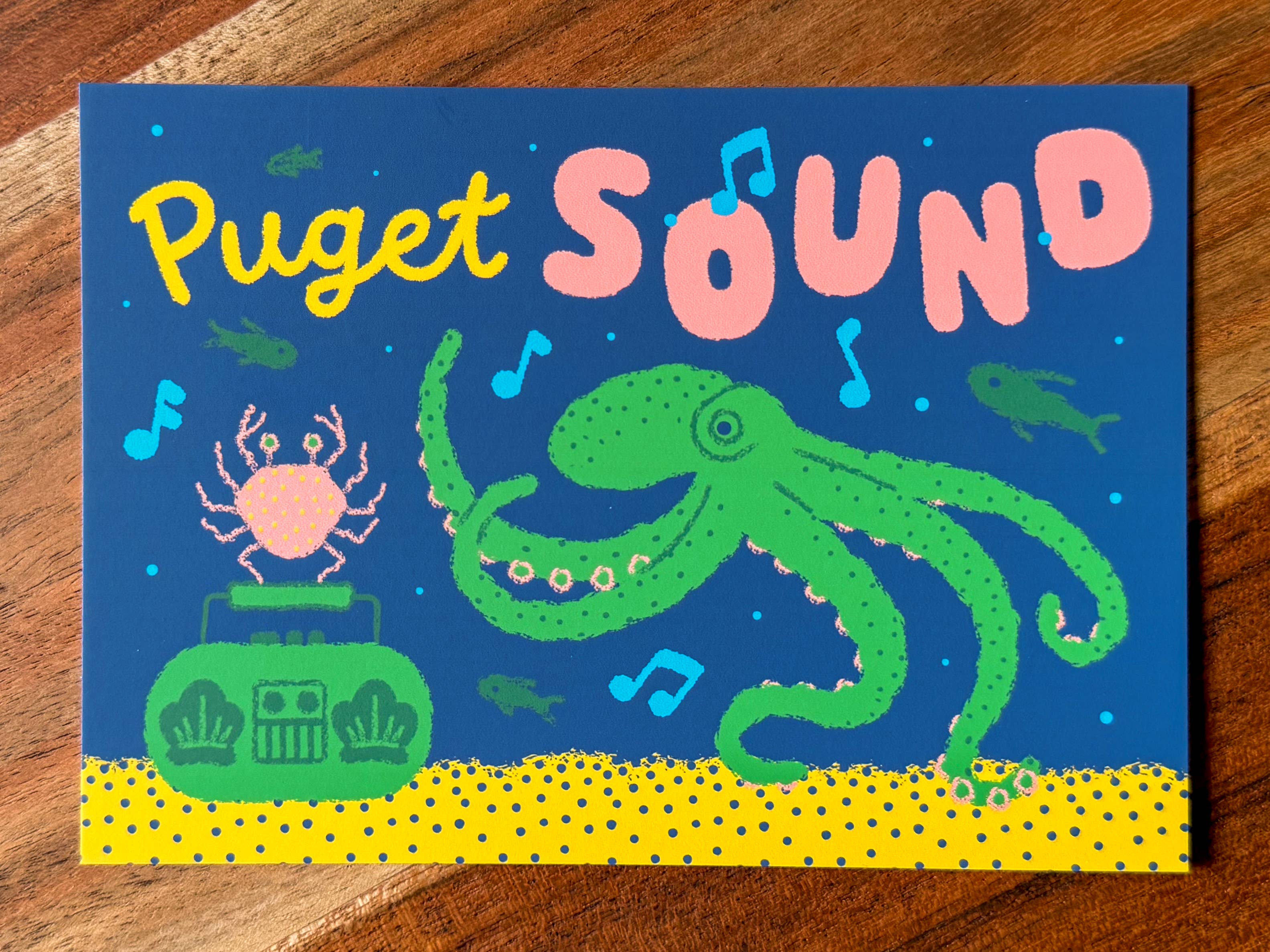 Wug Prints - Wholesale Postcard - Puget Sound Boombox Octopus Crab and Fish Postcard0
