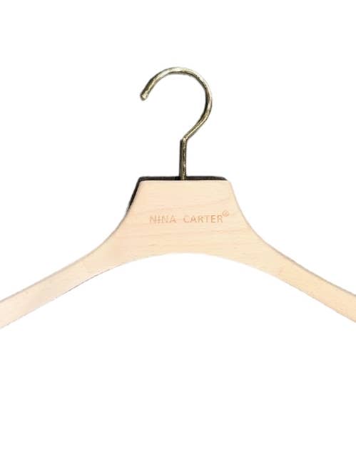 wide shoulder thick wooden hanger, gold swivel hook for wholesale by Nina Carter