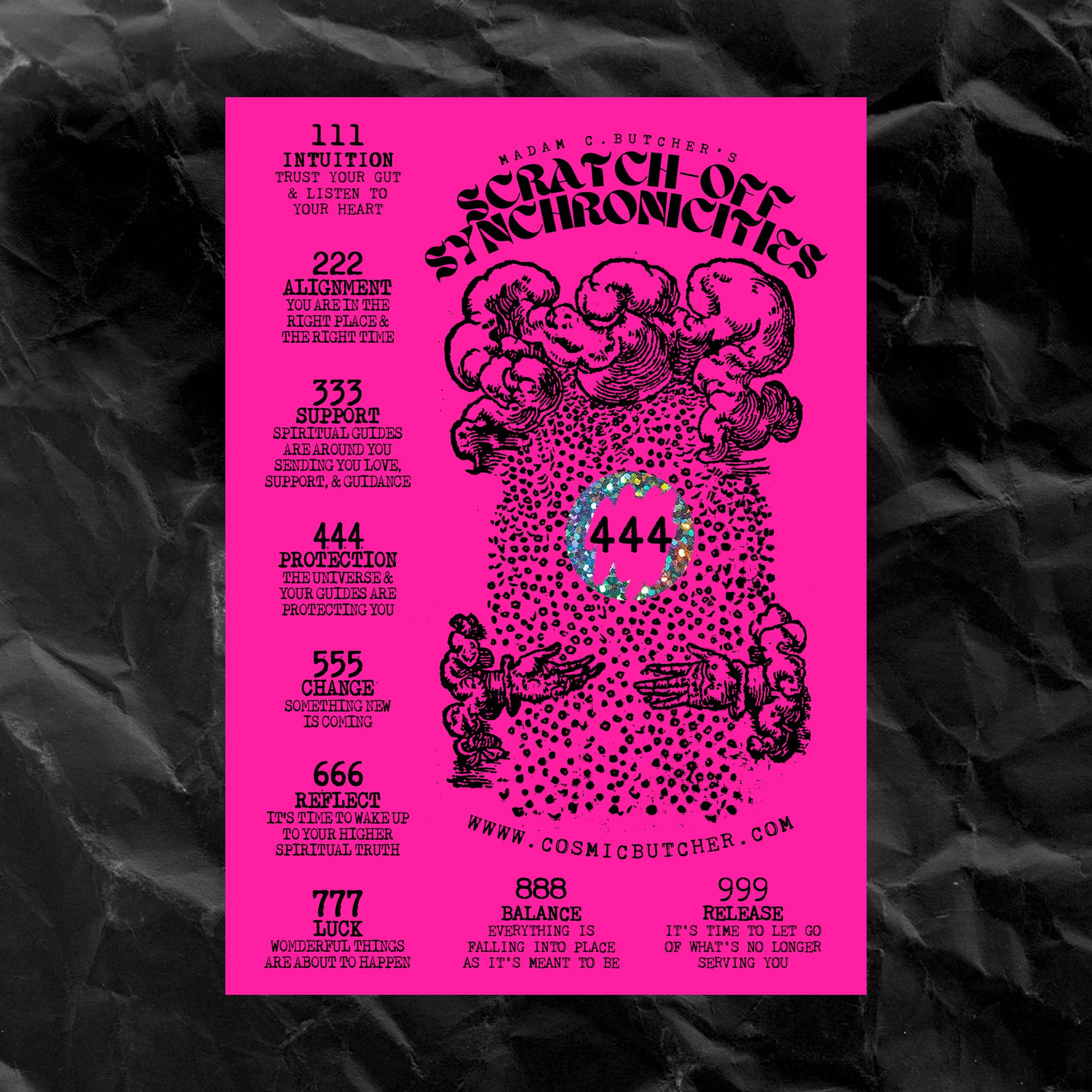 Cosmic Butcher - Vente Cartes de tarot - Carte à gratter « SYNCHRONICITIES » avec numéros d'anges et affirmations0