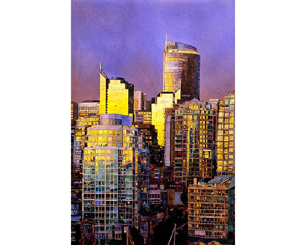 Ryan Fox Fine Art - Vente Affiche d'art - Panorama de Vancouver au coucher du soleil. Art mural à l'aquarelle de Vancouver, impression colorée, impression artistique, peinture giclée, Canada0
