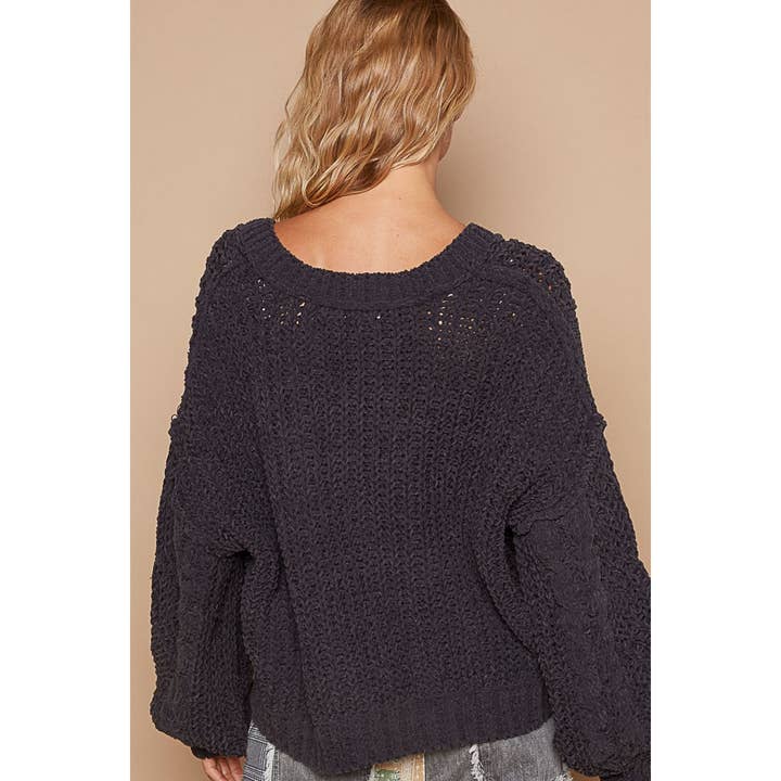 Apolline - Wholesale Knit Sweater - Women's - Overlay V Neck Balloon Sleeve Semi-Cropped Top in Chenille S
