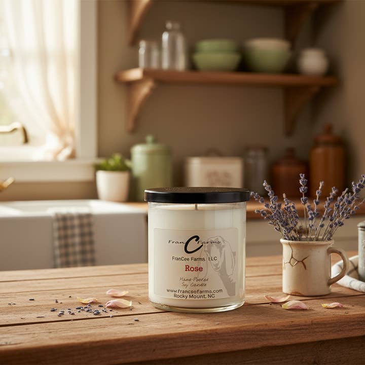 Bougie en cire de soja à la rose - Pot de 12 oz. pour la vente par FranCee Farms