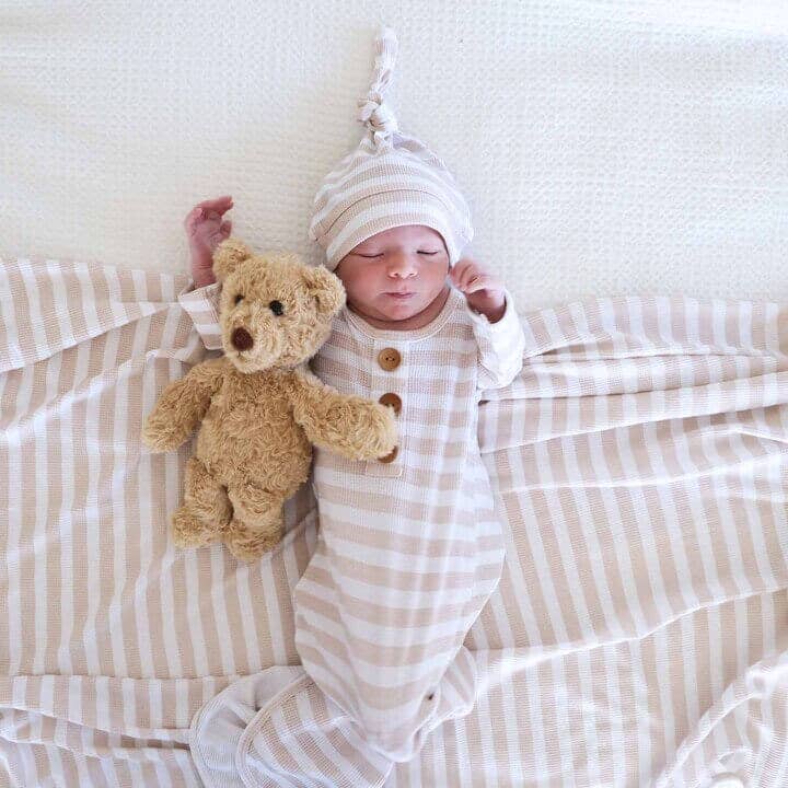 Caden Lane - Wholesale Babygown Set - Baby - Latte Stripes Bamboo Waffle Newborn Baby Knot Gown & Hat Set0