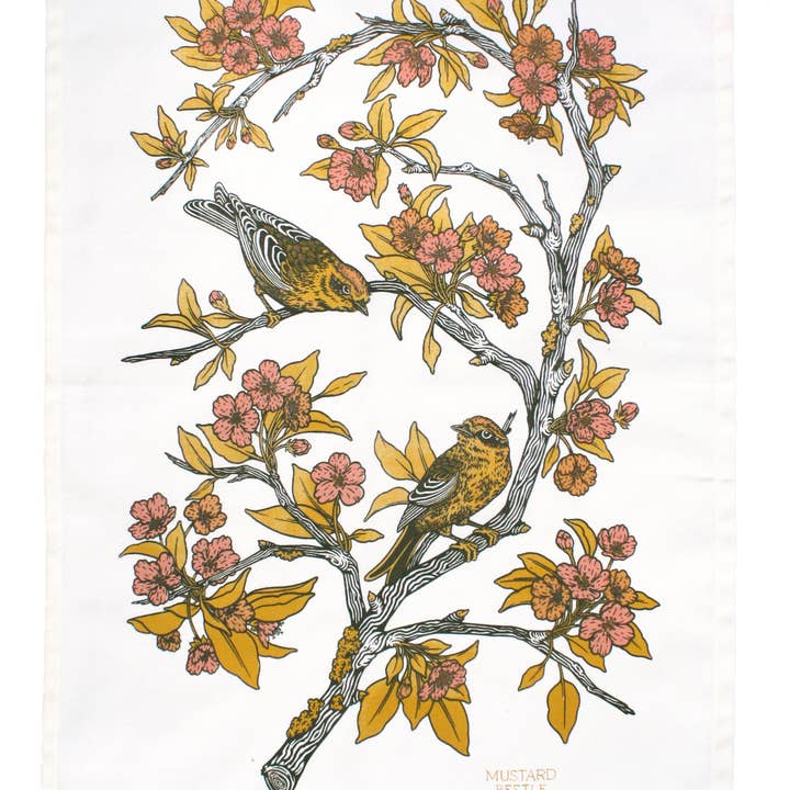 Mustard Beetle – wholesale Tea towel – Screenprinted Organic Cotton Tea Towel: Palm Warblers2