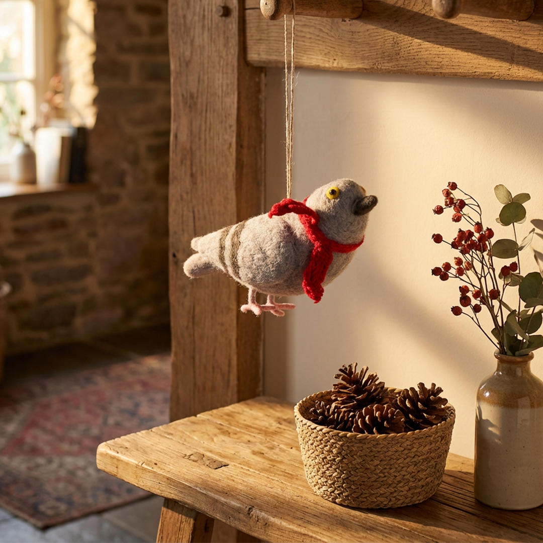 Felt So Good – Ornamento por atacado – Pombo Feito à Mão com Cachecol Decoração de Pássaro Suspenso4