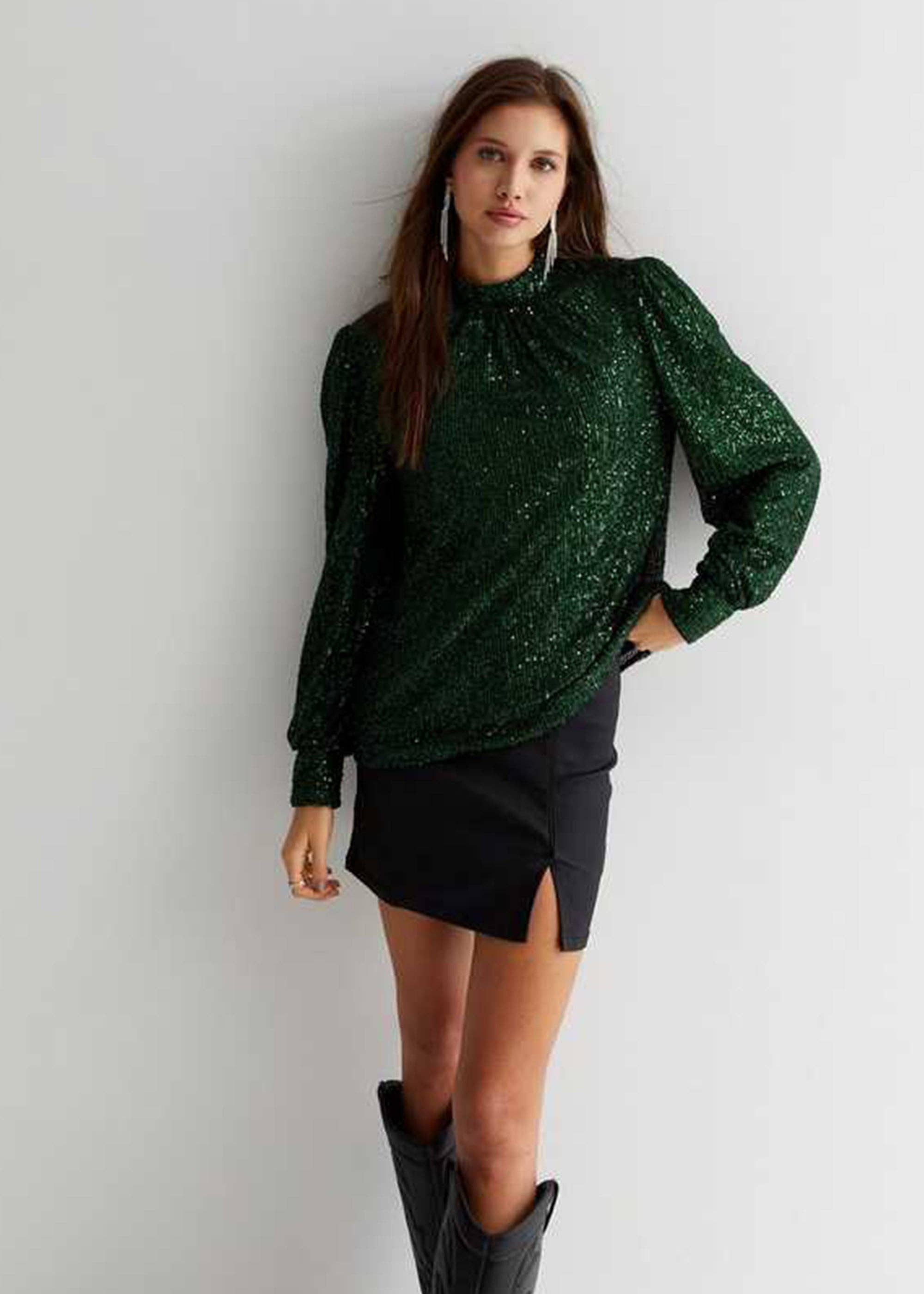 Green Sequin High Neck Loosefit Blouse for wholesale on Faire3