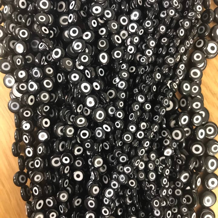 Evil Eye Flat Beads, Black Evil Eye Beads, Black Lucky Eye Beads, Round Lucky Eye Beads, Per Strand, Wholesale Evil Eye Beads for wholesale by The Bead Bazaar