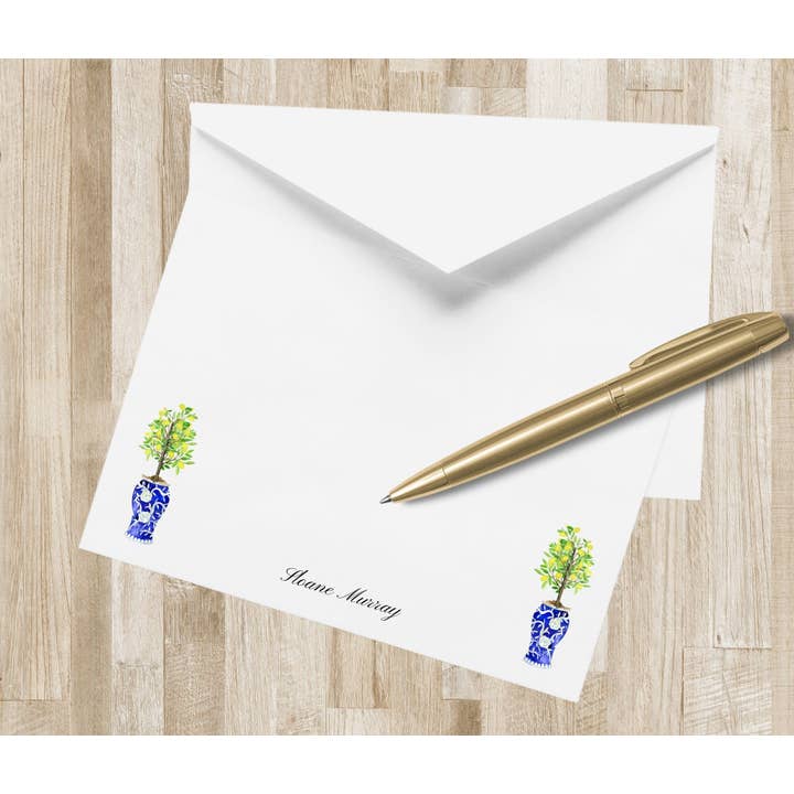 Papel de Carta Personalizado com Limão e Laranjeira | Papel de Carta Topiário Personalizado | Cartões de Nota Cítricos | Cartões de Nota Chinoiserie por atacado de The Winsome Life Stationery