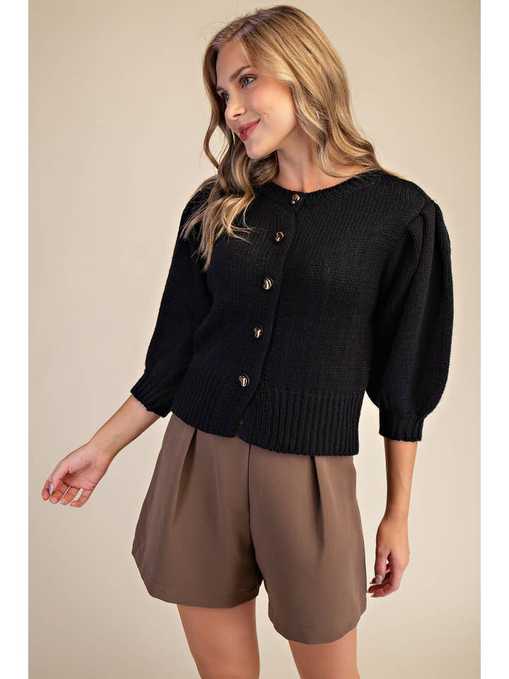 Glam - Wholesale Knit Sweater - Women's - Short Puff Sleeve Button Down Sweater3