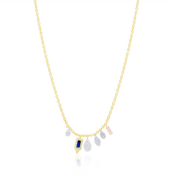Meira T 14k Yellow Gold Pave Diamond Blue Sapphire Gem Stone Necklace for wholesale by Meira T