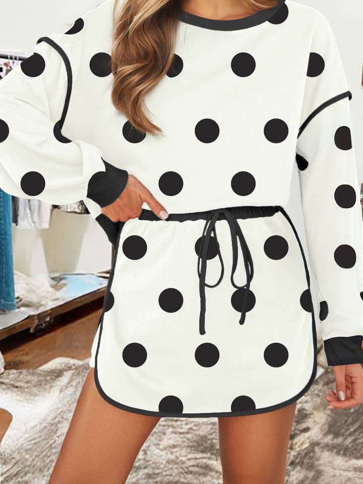 Polka Dot Printed Long Sleeve Pullover Mini Skirt 2pcs Set for wholesale by fashionworks