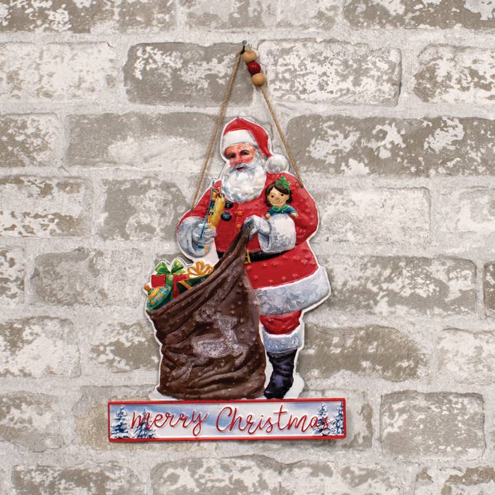 The Hearthside Collection – Großhandel Weihnachtsschmuck – Fröhliche Weihnachten Vintage Santa & Sein Sack Verwittertes Metall Ha1