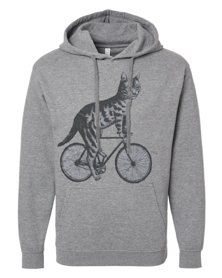 Grey Cat on a Bicycle Hooded Sweatshirt for wholesale on Faire0