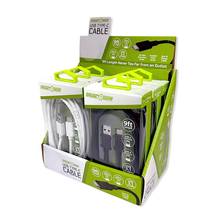 Novelty Brands - Wholesale Charging Cable - Gadget Gear USB to USB-C 9FT Charging Cable Boxed Assortment