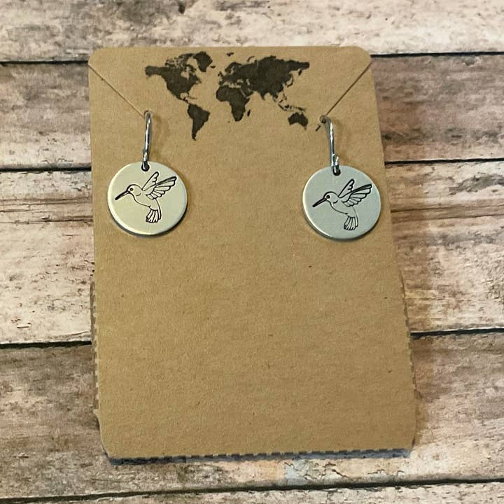 Hummingbird small circular earrings in silver color for wholesale by Jamie Haley Designs