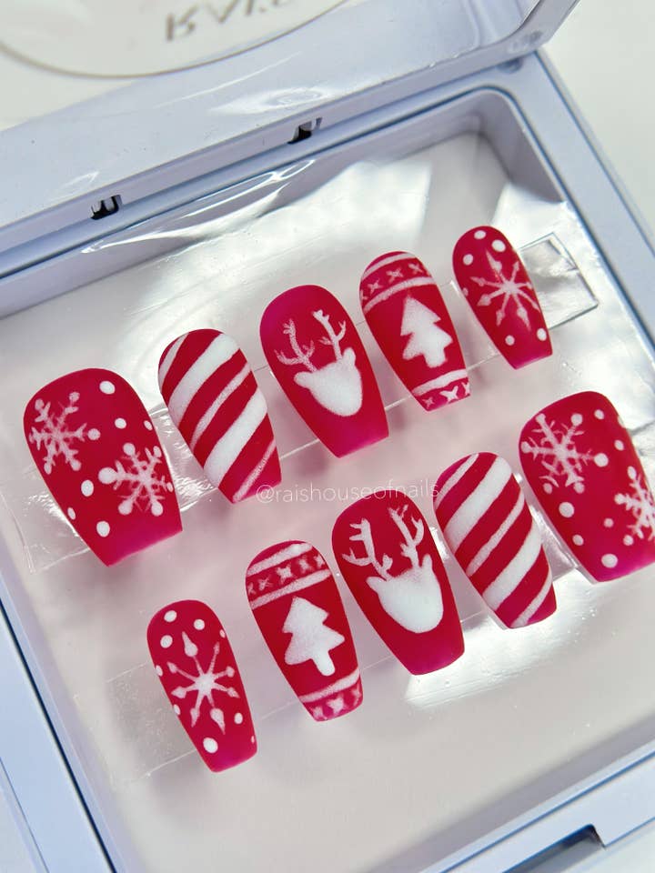 "Red Christmas Sweater" Ready to Ship Set in Size Medium, Shape Coffin Short for wholesale by Rai's House of Nails