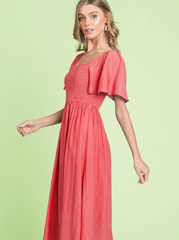 LIME N CHILI - Wholesale Dress - Women's - Smocked Square Neck Flutter Sleeve Midi Dress