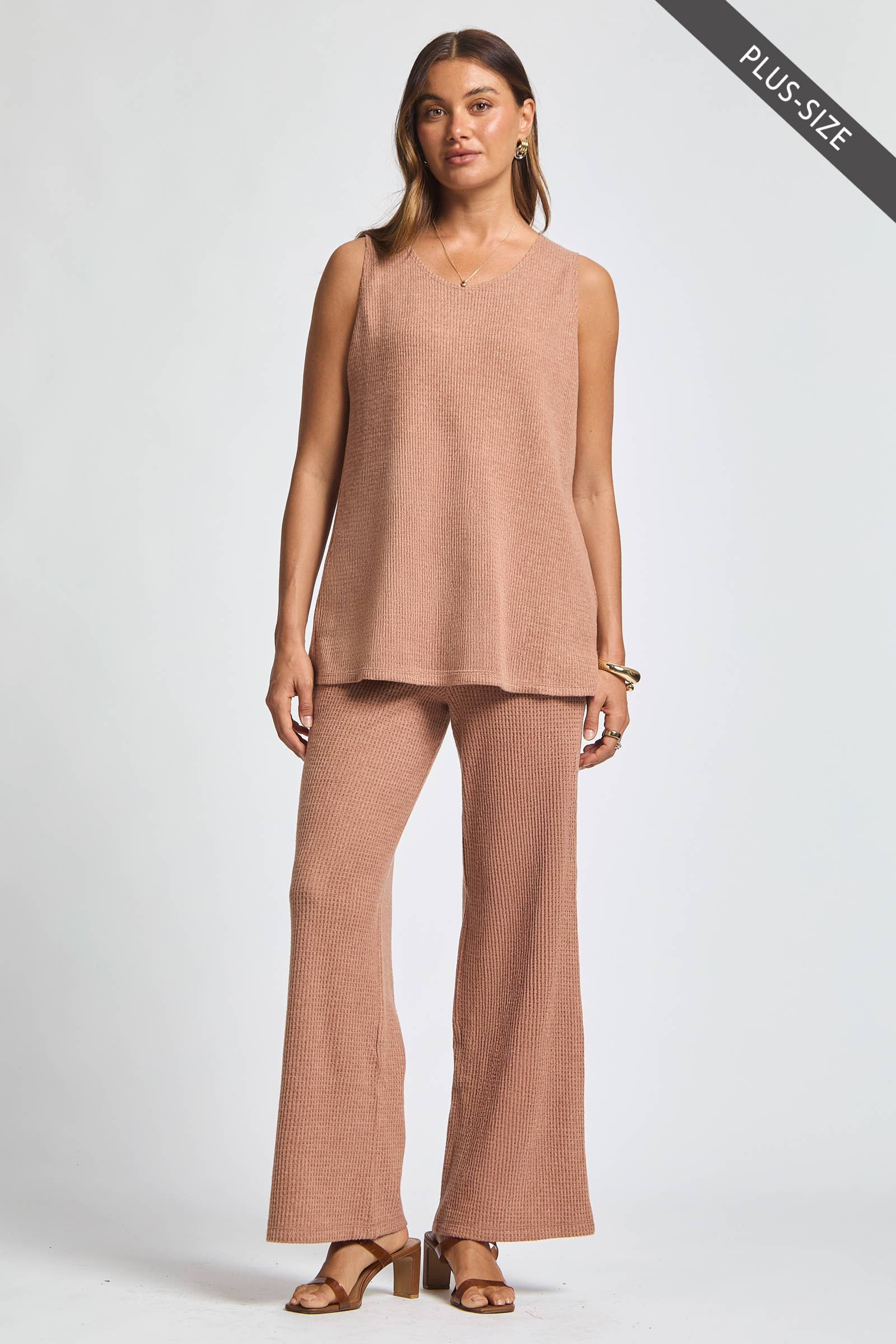 Dear Scarlett - Wholesale Lounge Set - Women's - PLUS SIZE Thermal Sleeveless Tank + Cardigan + Relaxed Pants6