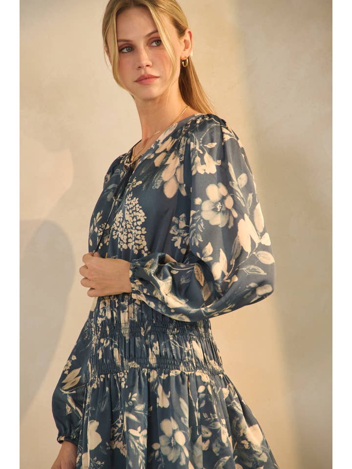 Azure Blue Combo Floral Printed Peplum Dress for wholesale on Faire