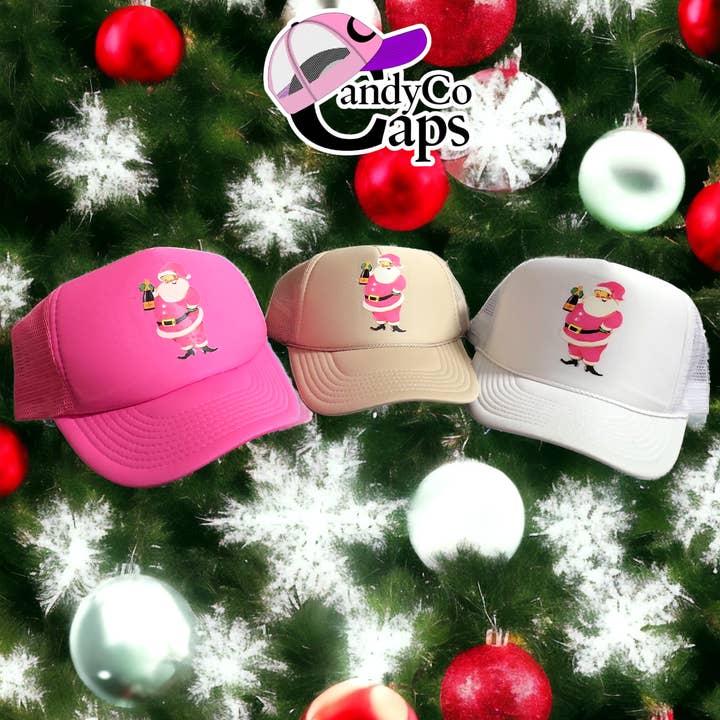 The Candy Collections - Wholesale Trucker Hat - Women's - Pink Santa Champagne Bottle Santa Veu Merry Trucker hat6
