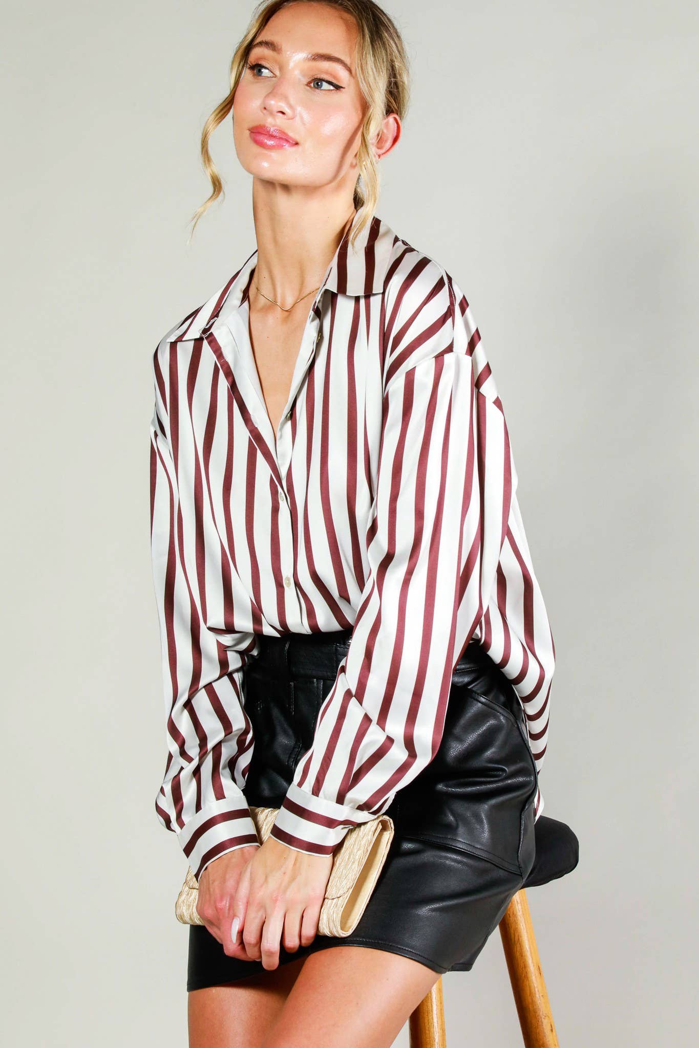 Vine & Love - Wholesale Button Down Shirt - Women's - Collard Vertical Stripe Printed Satin Blouse Top VT8131523