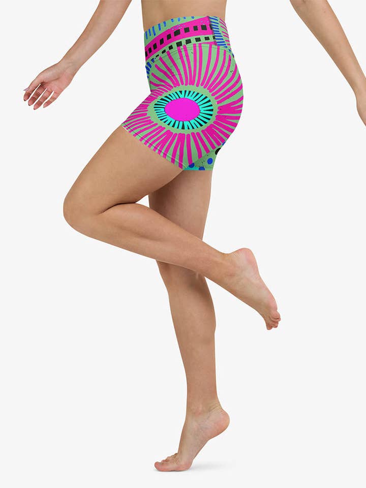 Printed Yoga Shorts "Ethno Pop" Lime Green for wholesale by Loony Legs