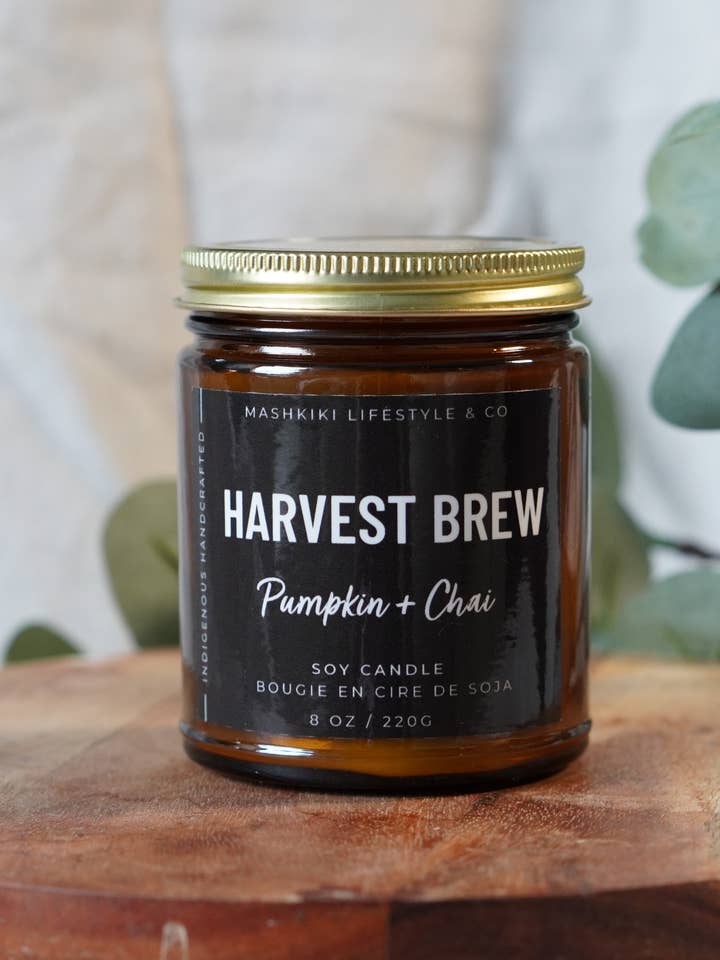 Harvest Brew | Pumpkin + Chai - 8oz. Amber Glass Soy Candle for wholesale by Mashkiki Lifestyle & Co.