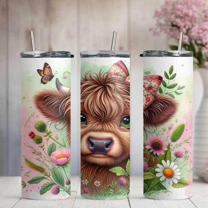 Big Green Eyed Highland Cow 20oz Skinny Tumbler for wholesale by Honey Jar Creations