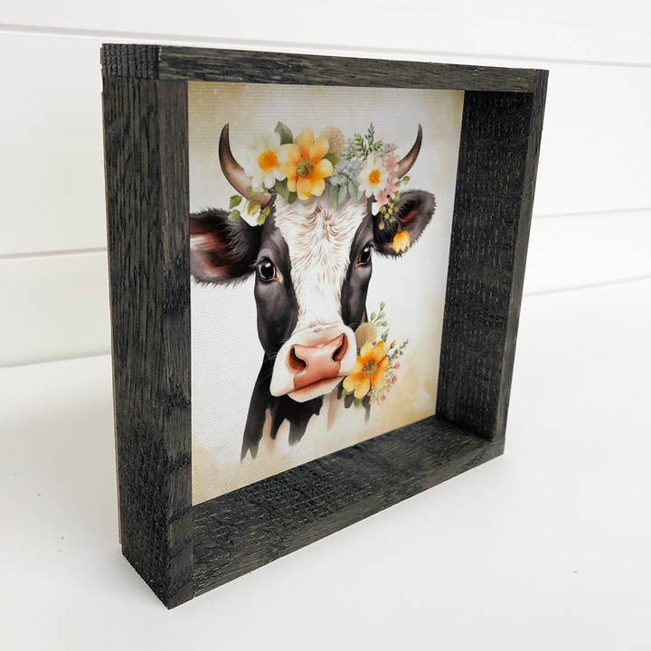 Hangout Home - Wholesale Art Print - Black White Cow and Yellow Flowers - Animal Spring Time Art