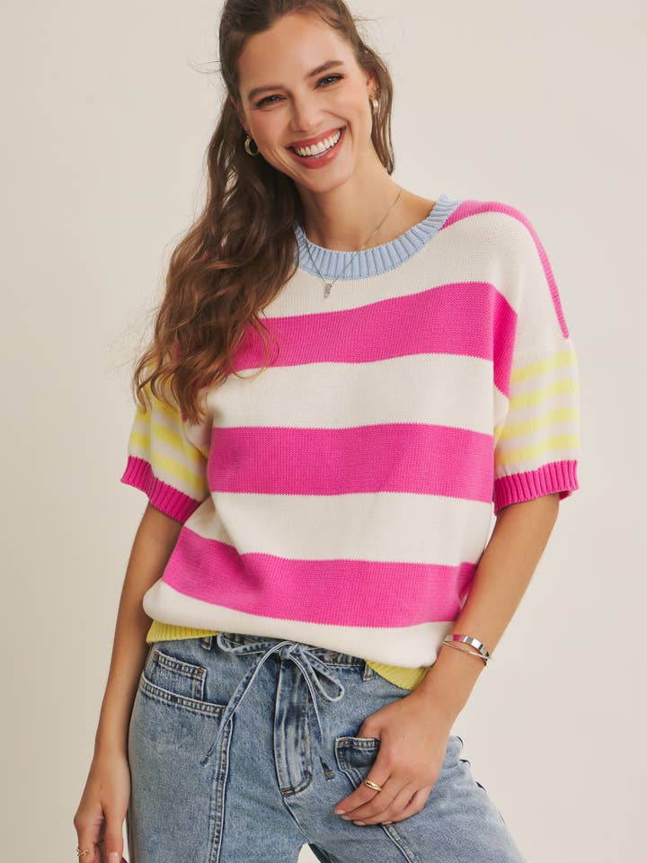 FEEL-GOOD PLAYFUL SUMMER MULTI STRIPE COTTON SWEATER TOP for wholesale by in february