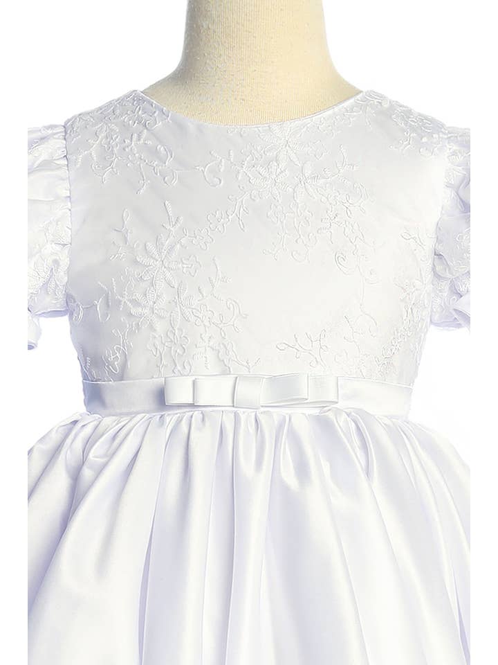 White *SALE* Satin Babydoll Embroidered Puff Sleeve Full Dress for wholesale on Faire