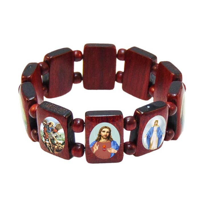 Large Wood Saints Mary and Jesus Bracelet - Wood Spacers for wholesale by Catholica Shop